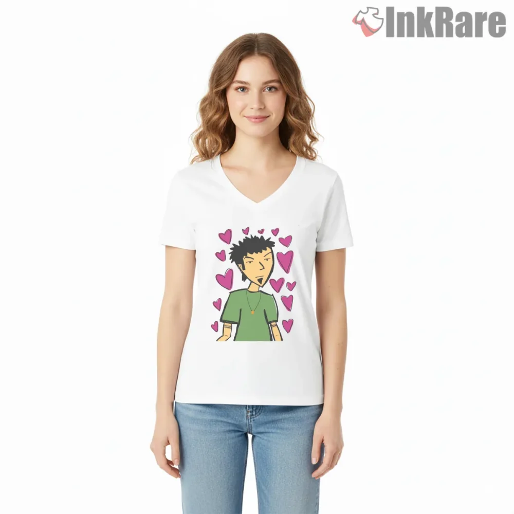 Trent Lane Crush Hearts Cartoon Graphic Shirt on white v-neck shirt for women graphic tee