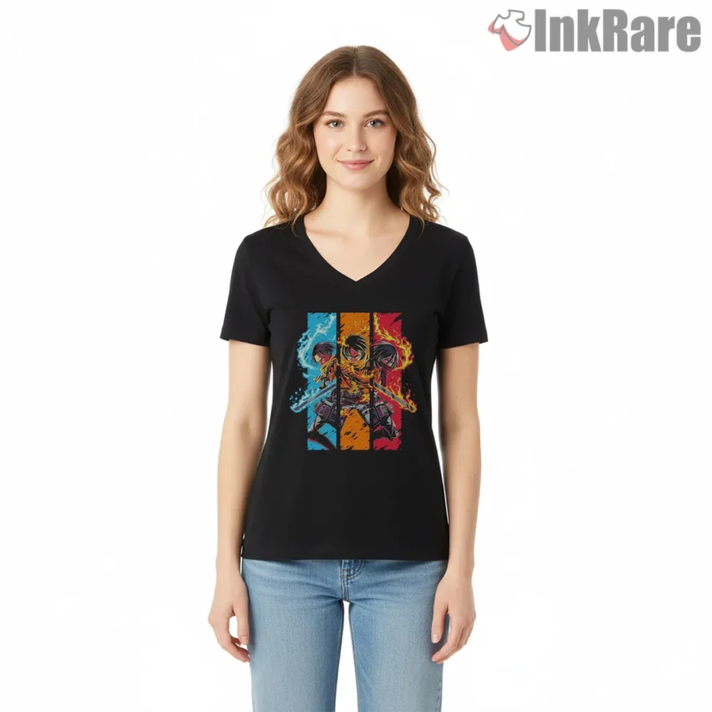 Triple Scout Elemental Duel Attack On Titan Shirt on black v-neck shirt for women graphic tee