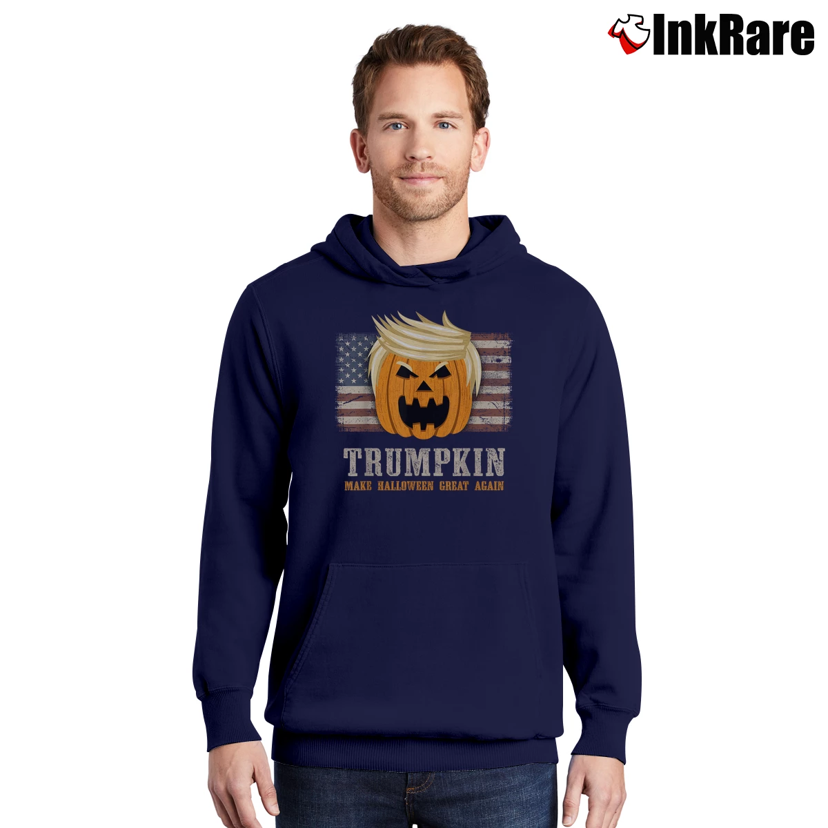 Men’s Trumpkin Vintage US Flag Funny Halloween Pullover Hoodie in navy | Cozy, Durable, Modern Fit
