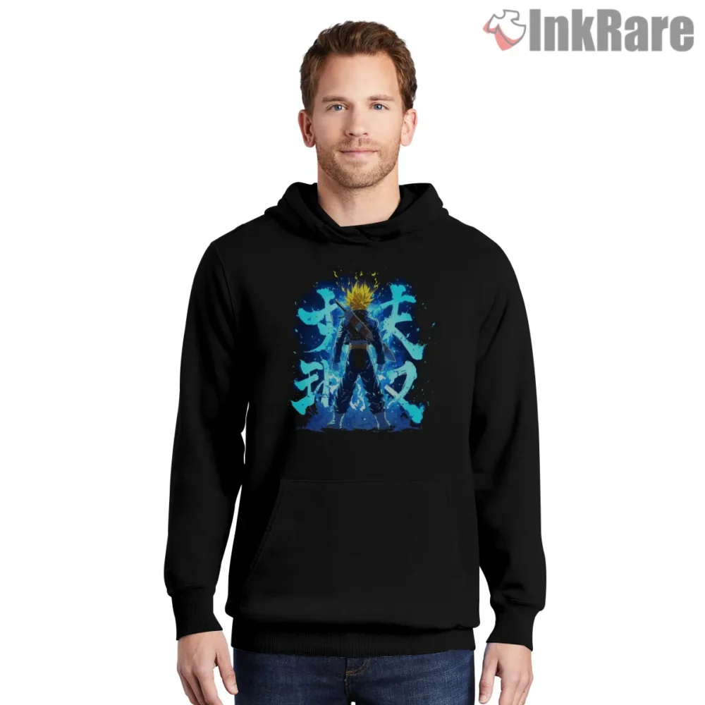Trunks Super Saiyan Blue Aura Power Shirt on black hoodie for men graphic tee