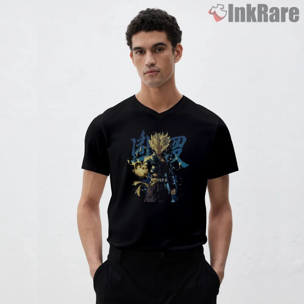Trunks Super Saiyan Power Kanji Aura Shirt on black v-neck shirt for men graphic tee