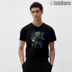 Trunks Super Saiyan Power Kanji Aura Shirt on black v-neck shirt for men graphic tee