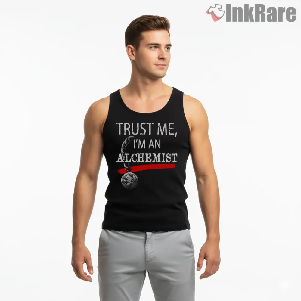 Trust Me Im An Alchemist Bold Text Graphic Anime Shirt on black tank top for men graphic tee
