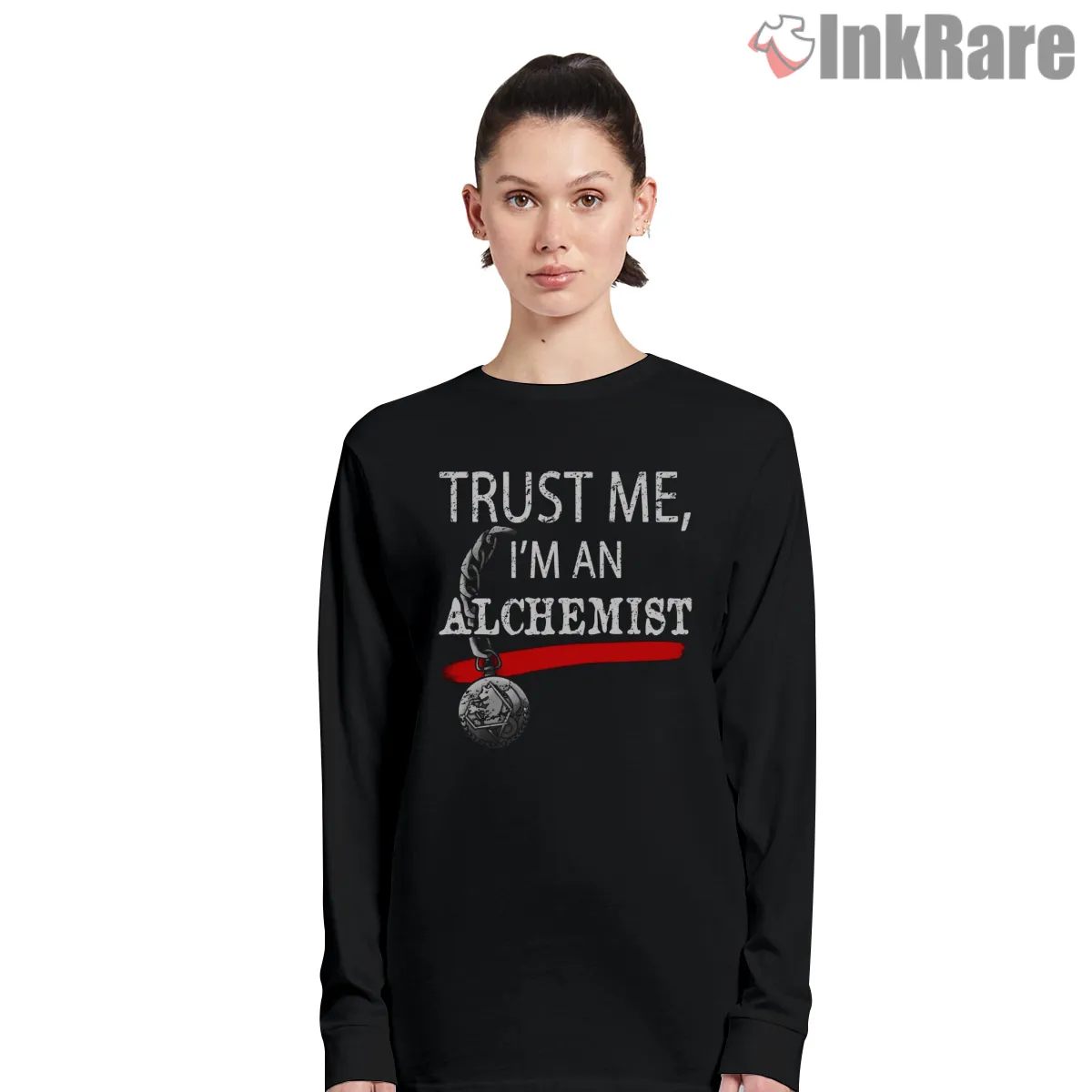 Trust Me Im An Alchemist Bold Text Graphic Anime Shirt on black long sleeve shirt for women graphic tee