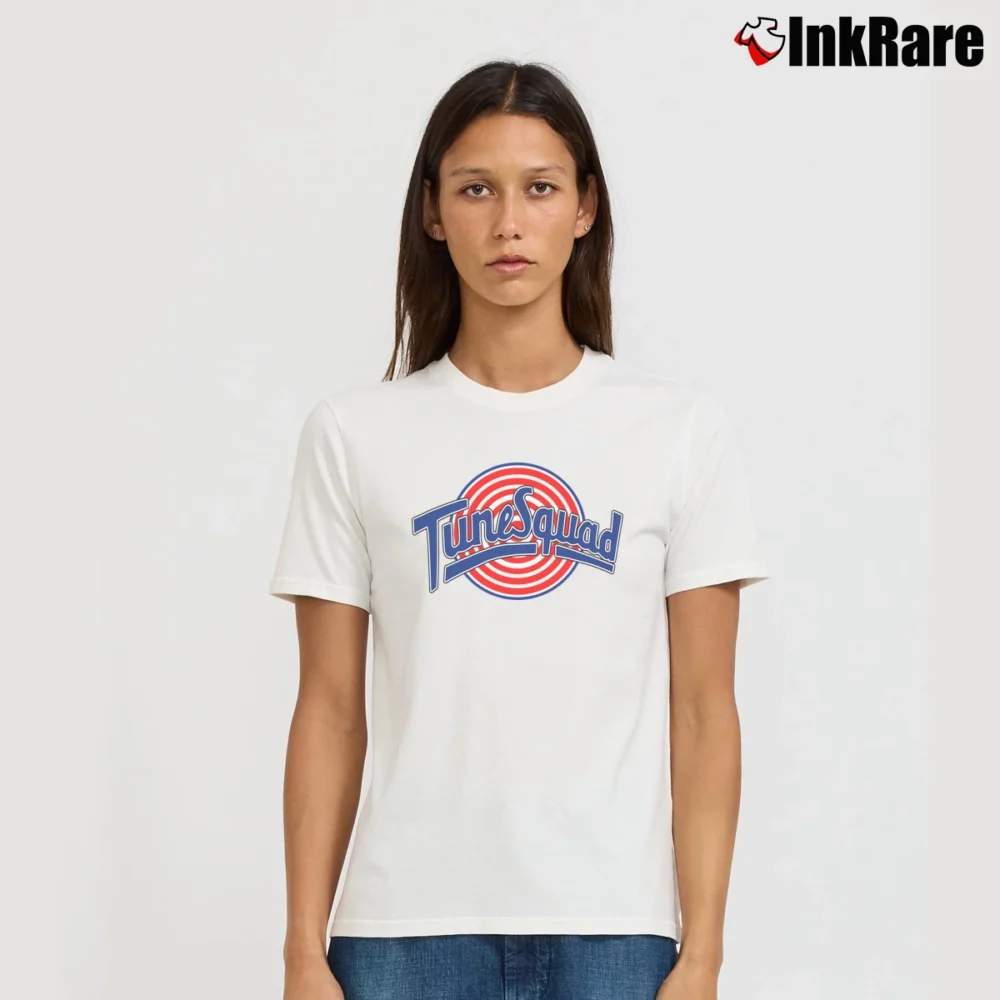 Women’s Tune Squad Space Jam Basketball Team Signature T-Shirt in white | Soft, Flattering Fit