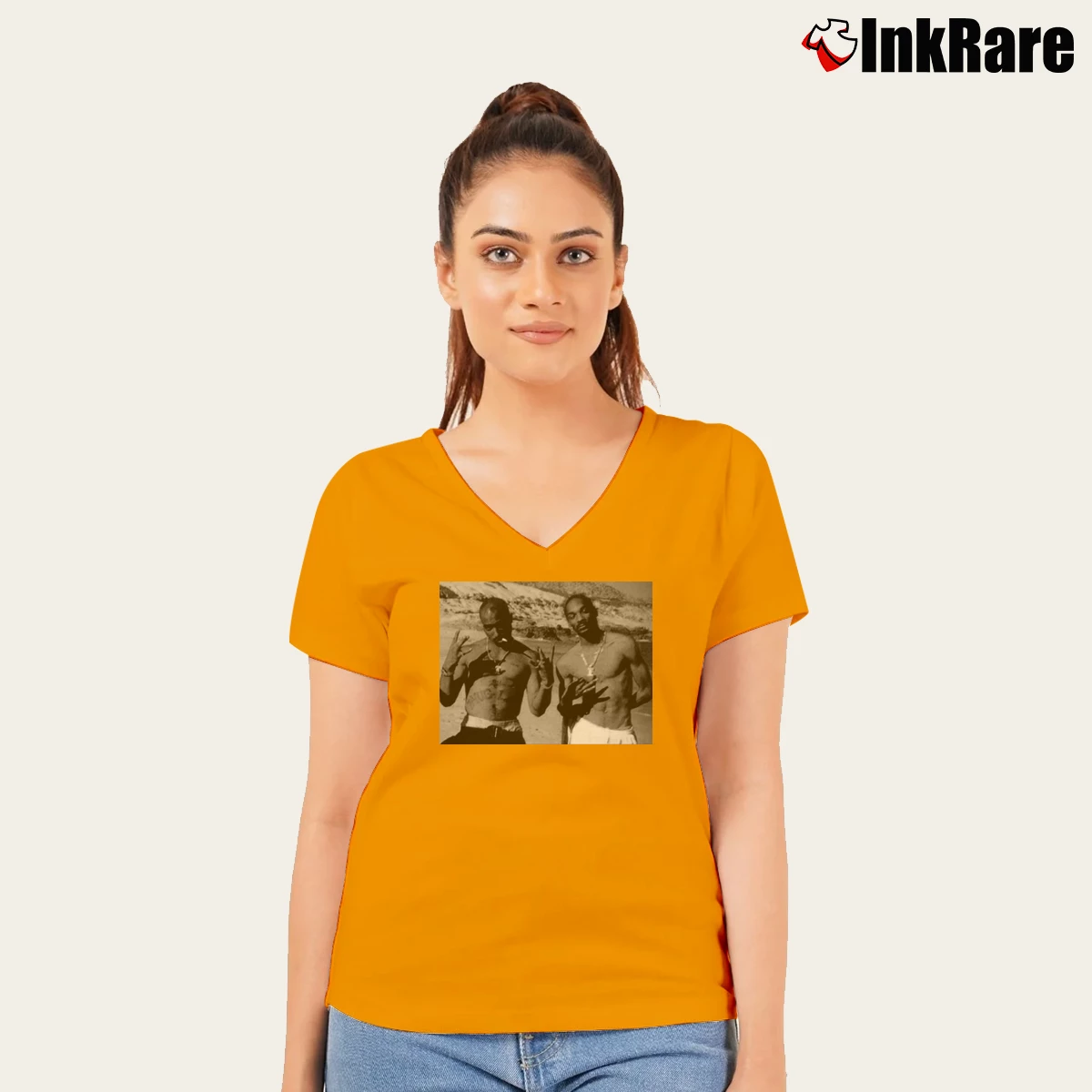 Women’s tupac and snoop dogg V-Neck Tee in orange | Chic Neckline, Soft Texture