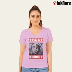 Women’s Tupac Biggie Trust Nobody Graphic V-Neck Tee in light pink | Chic Neckline, Soft Texture
