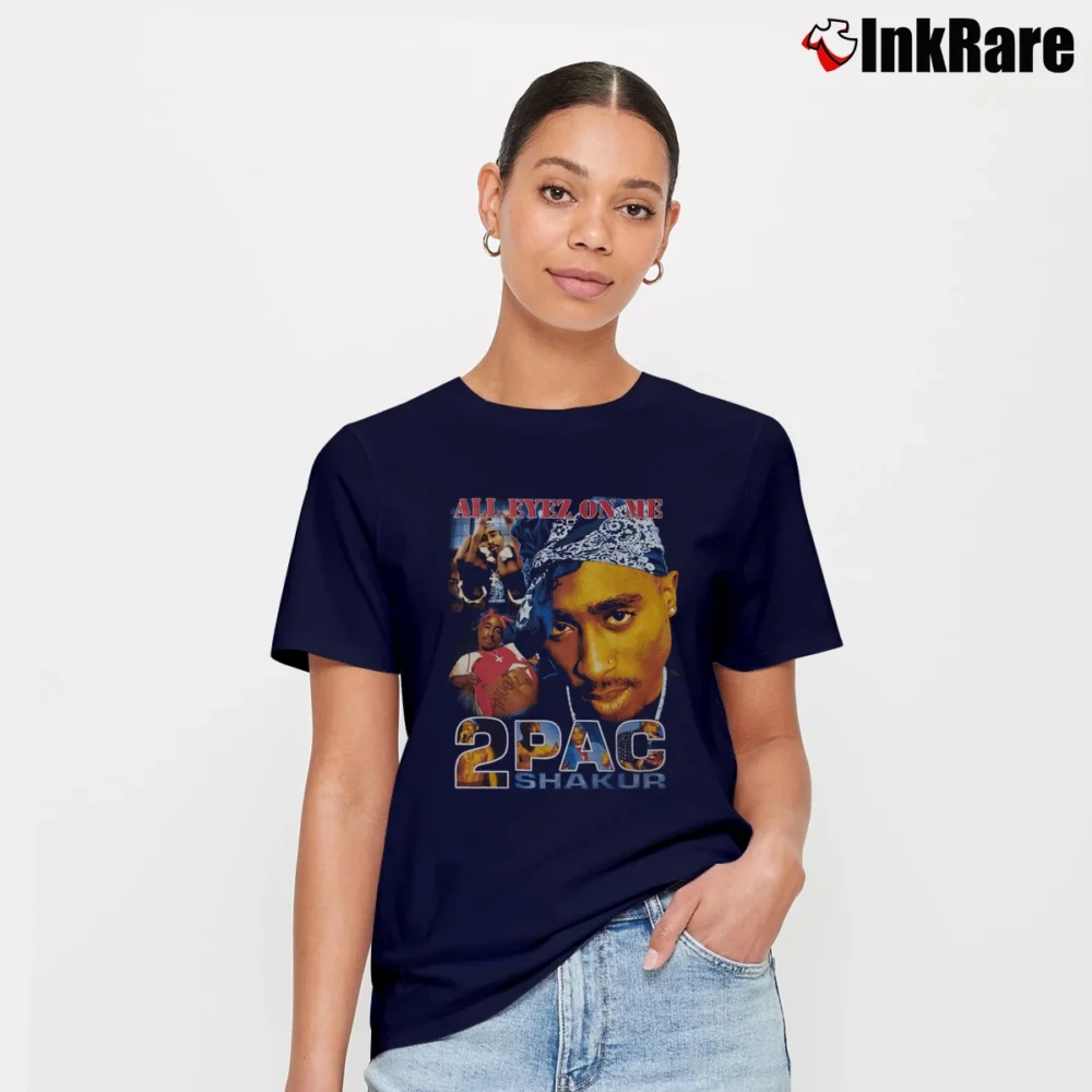 Women’s Tupac Shakur All Eyez on Me Memorial Bootleg Signature T-Shirt in navy | Soft, Flattering Fit