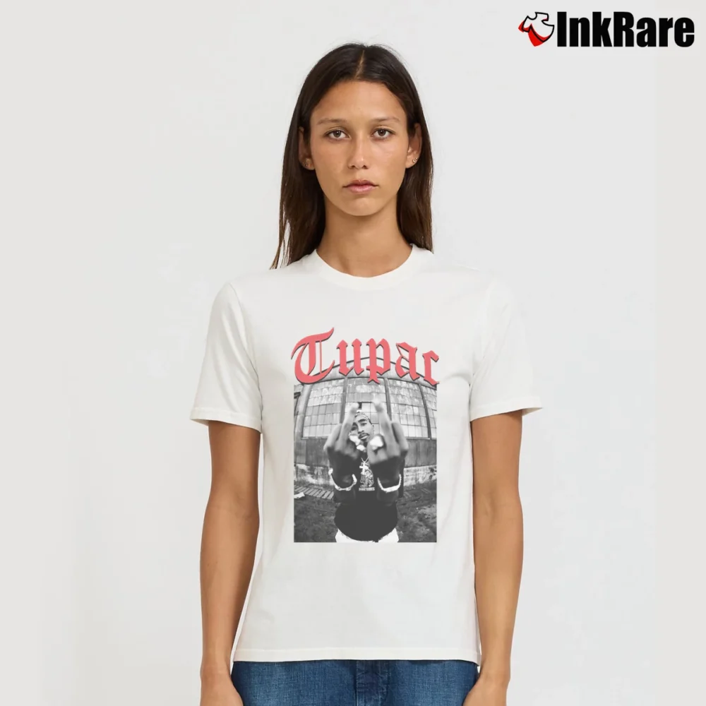 Women’s Tupac Shakur Black Middle Finger Signature T-Shirt in white | Soft, Flattering Fit