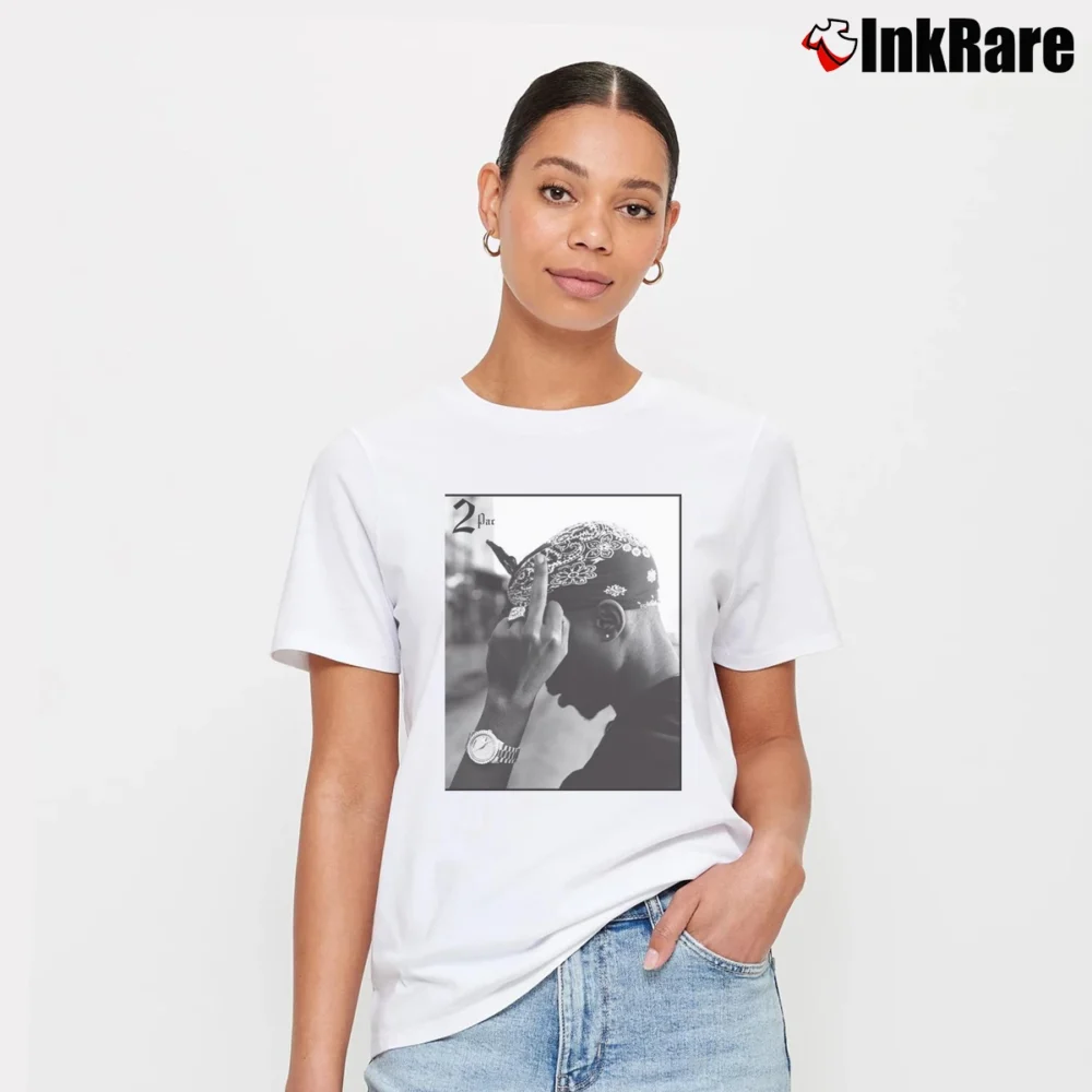 Women’s Tupac Shakur Black Middle Finger Signature T-Shirt in white | Soft, Flattering Fit