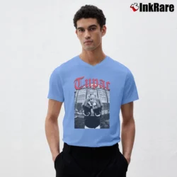 Men’s Tupac Shakur Black Middle Finger V-Neck Tee in light blue | Sharp, Breathable, Everyday Staple