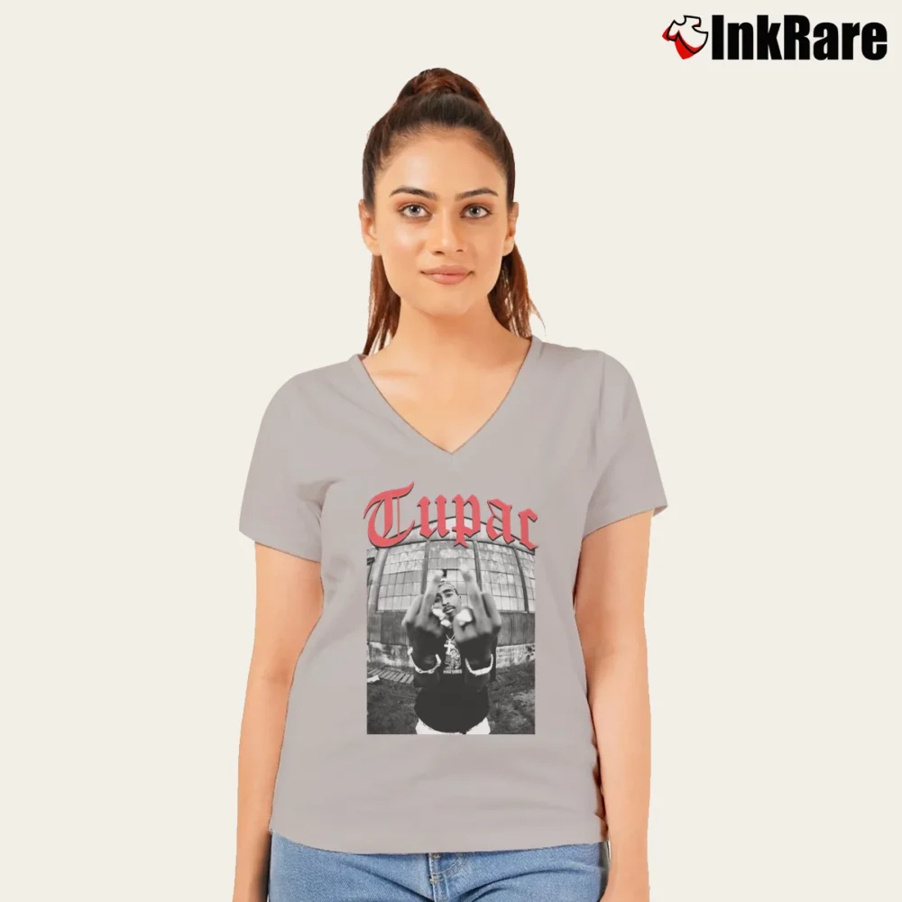 Women’s Tupac Shakur Black Middle Finger V-Neck Tee in sport grey | Chic Neckline, Soft Texture