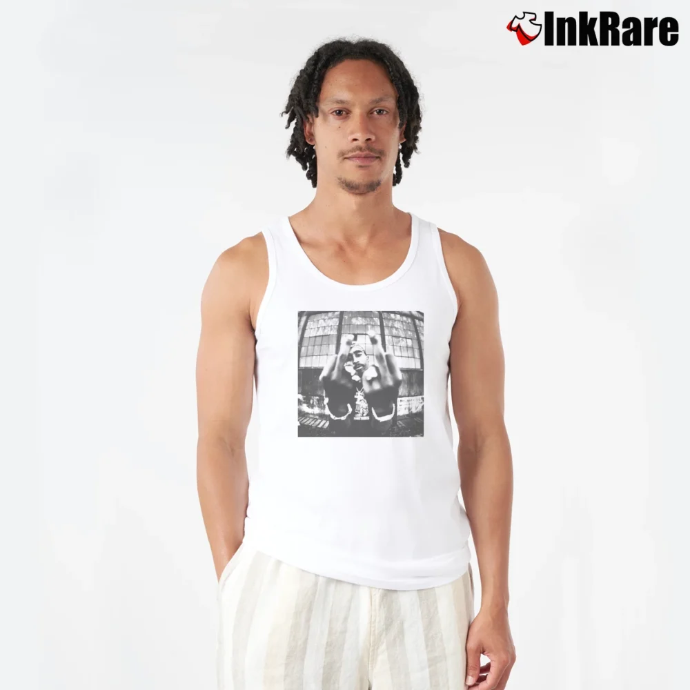 Men’s Tupac Shakur Middle Finger Photo 2pac Iconic Tank Top in white | Breathable, Active-Friendly Design