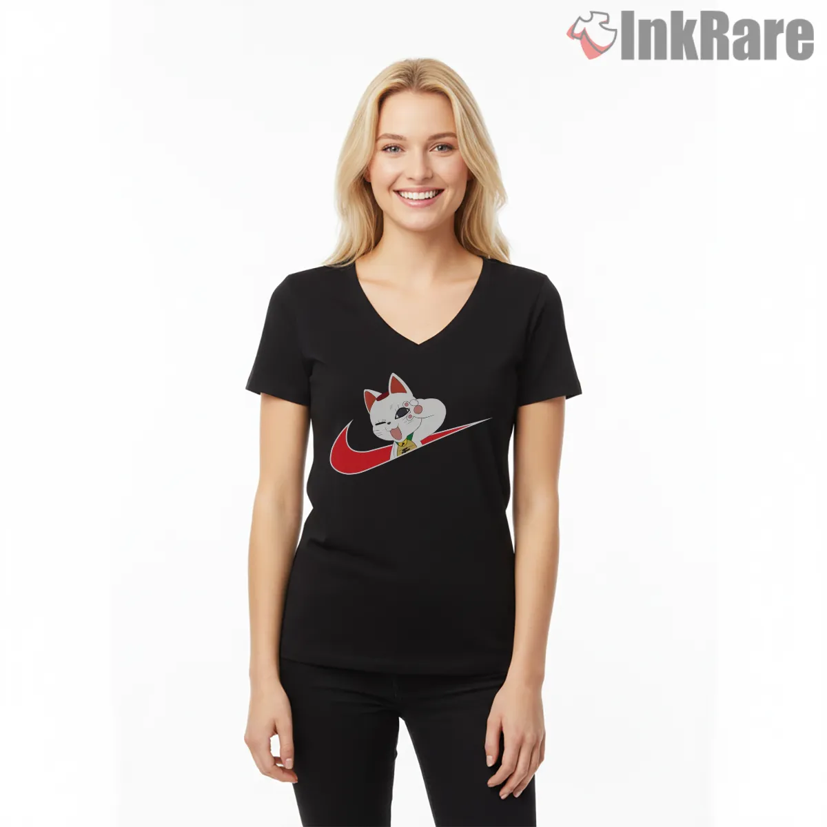 Turbo Granny Cat Sneaker Parody Anime V Neck Black Turbo Granny Cat Sneaker Parody Anime Shirt on black v-neck shirt for women graphic tee