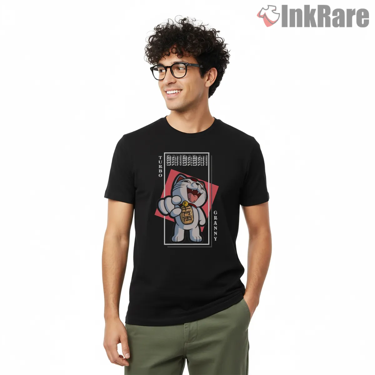 Turbo Granny Cat Spirit Punch Anime Short Sleeve Black Turbo Granny Cat Spirit Punch Anime Shirt on black short sleeve shirt for men graphic tee