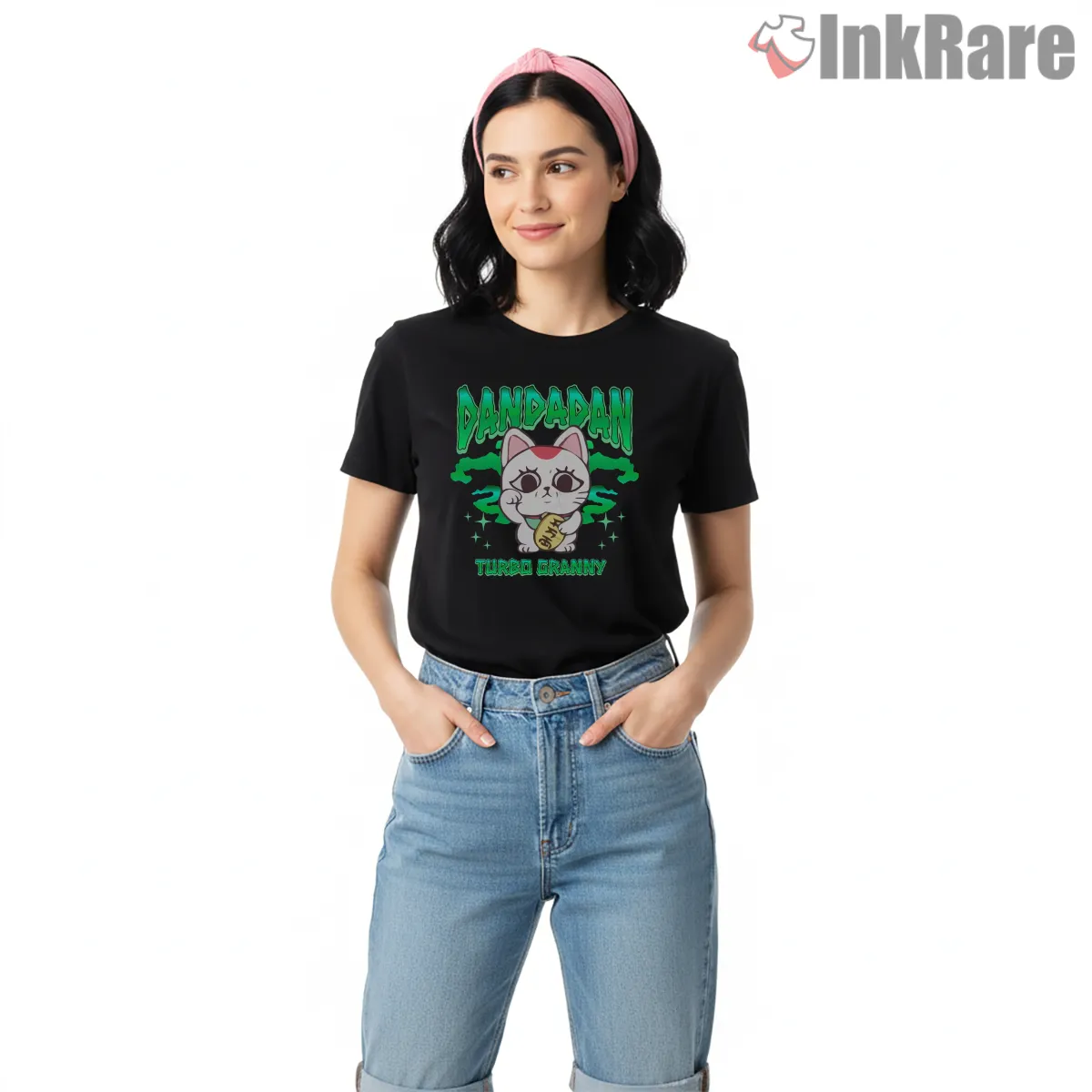 Turbo Granny Cute Cat Spirit Anime Short Sleeve Black Turbo Granny Cute Cat Spirit Anime Shirt on black short sleeve shirt for women graphic tee