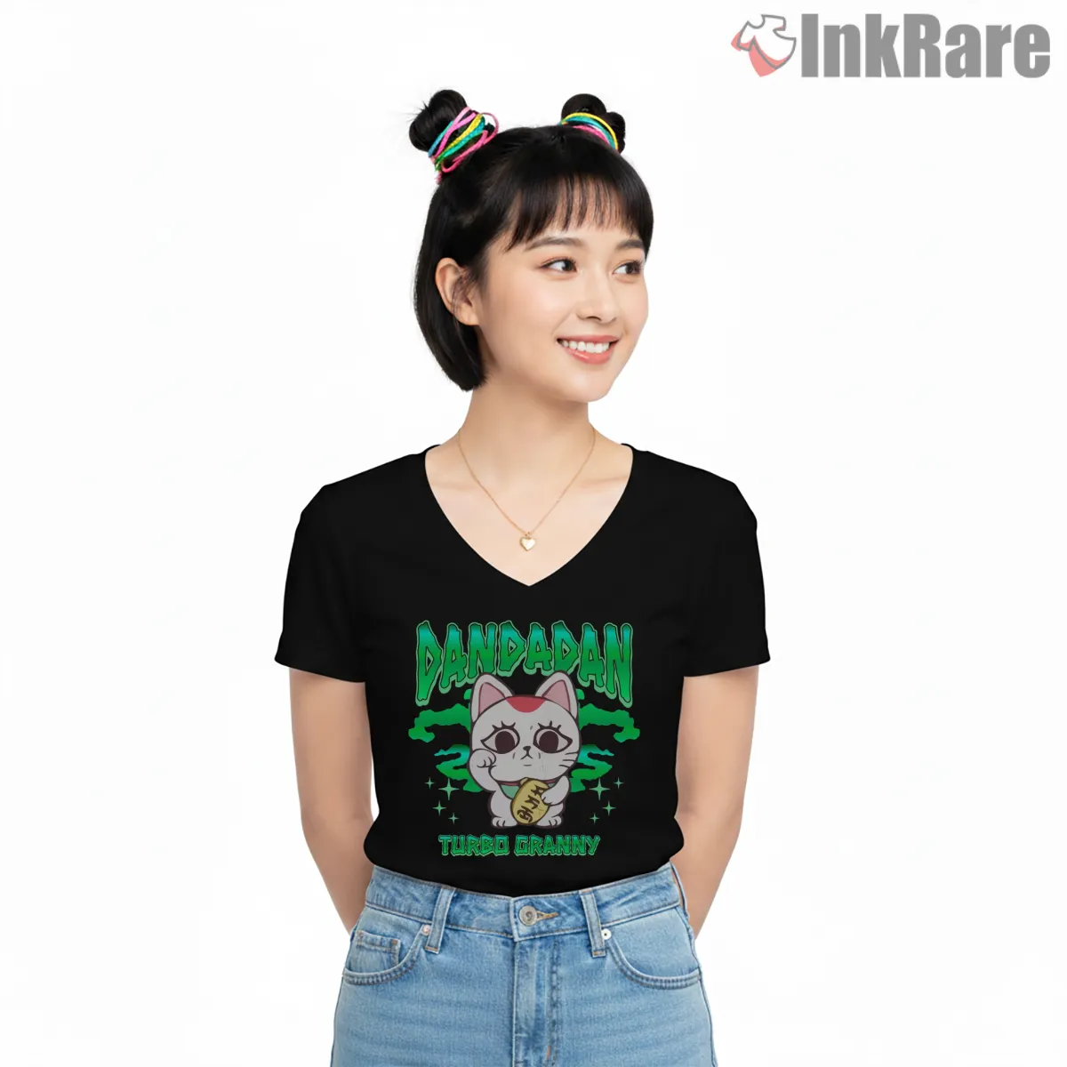 Turbo Granny Cute Cat Spirit Anime V Neck Black Turbo Granny Cute Cat Spirit Anime Shirt on black v-neck shirt for women graphic tee