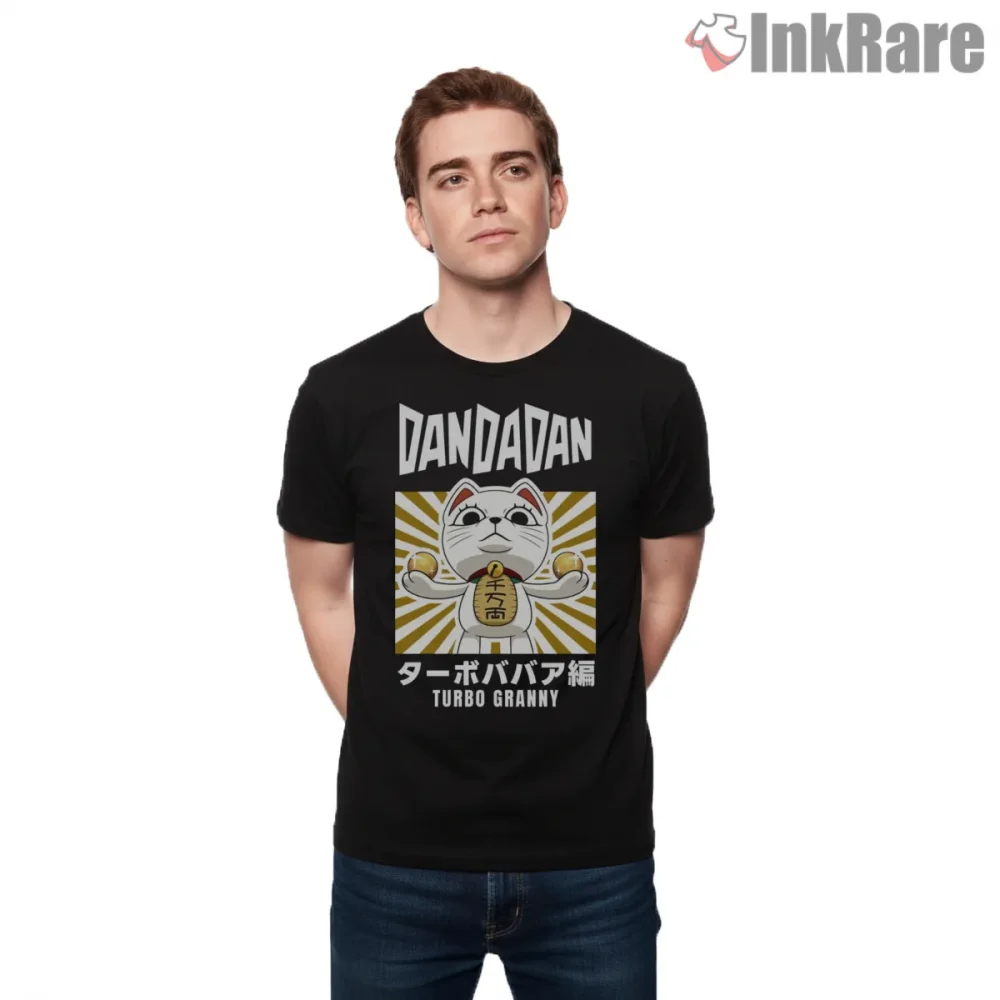 Turbo Granny Lucky Cat Manga Poster Shirt on black short sleeve shirt for men graphic tee