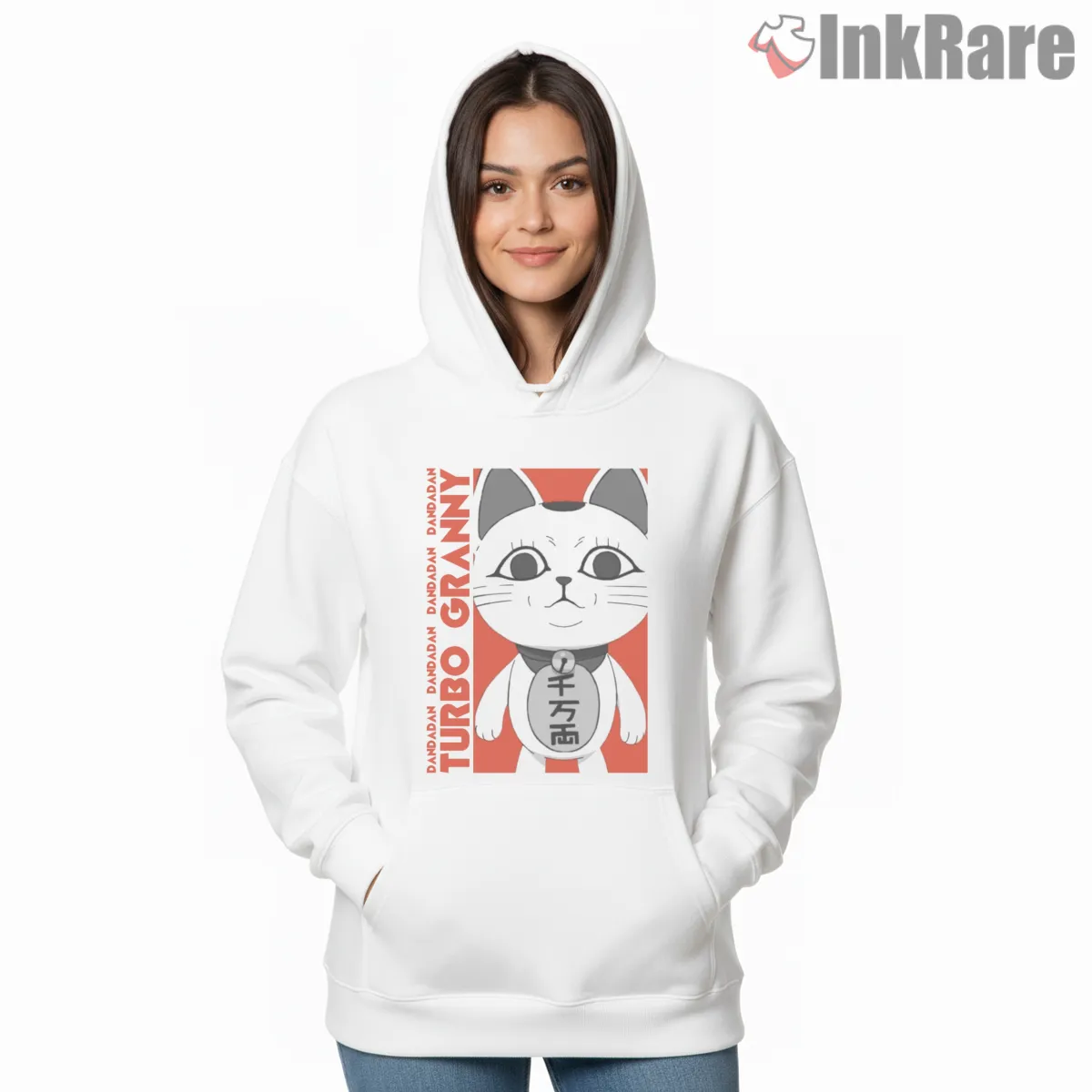 Turbo Granny Lucky Cat Minimal Dandadan Hoodie White Turbo Granny Lucky Cat Minimal Dandadan Shirt on white hoodie for women graphic tee
