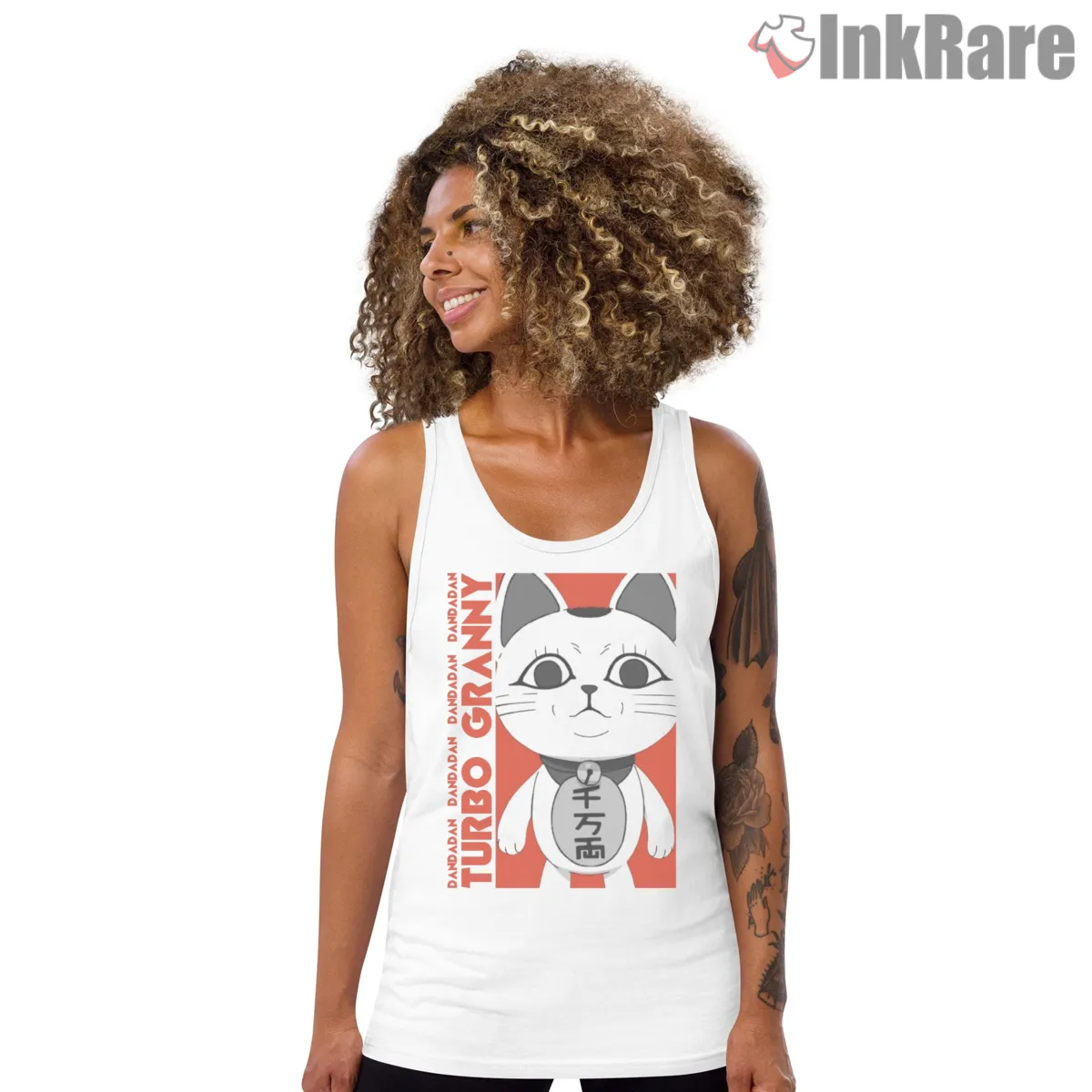Turbo Granny Lucky Cat Minimal Dandadan Tank Top White Turbo Granny Lucky Cat Minimal Dandadan Shirt on white tank top for women graphic tee