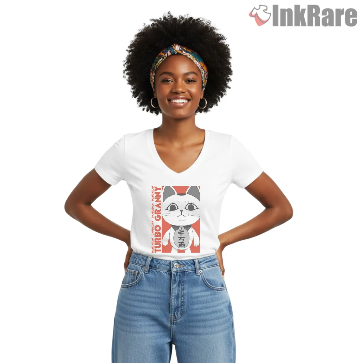 Turbo Granny Lucky Cat Minimal Dandadan V Neck White Turbo Granny Lucky Cat Minimal Dandadan Shirt on white v-neck shirt for women graphic tee