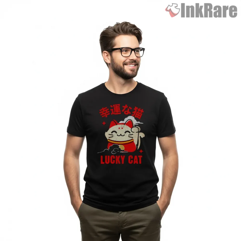 Turbo Granny Lucky Cat Retro Manga Shirt on black short sleeve shirt for men graphic tee