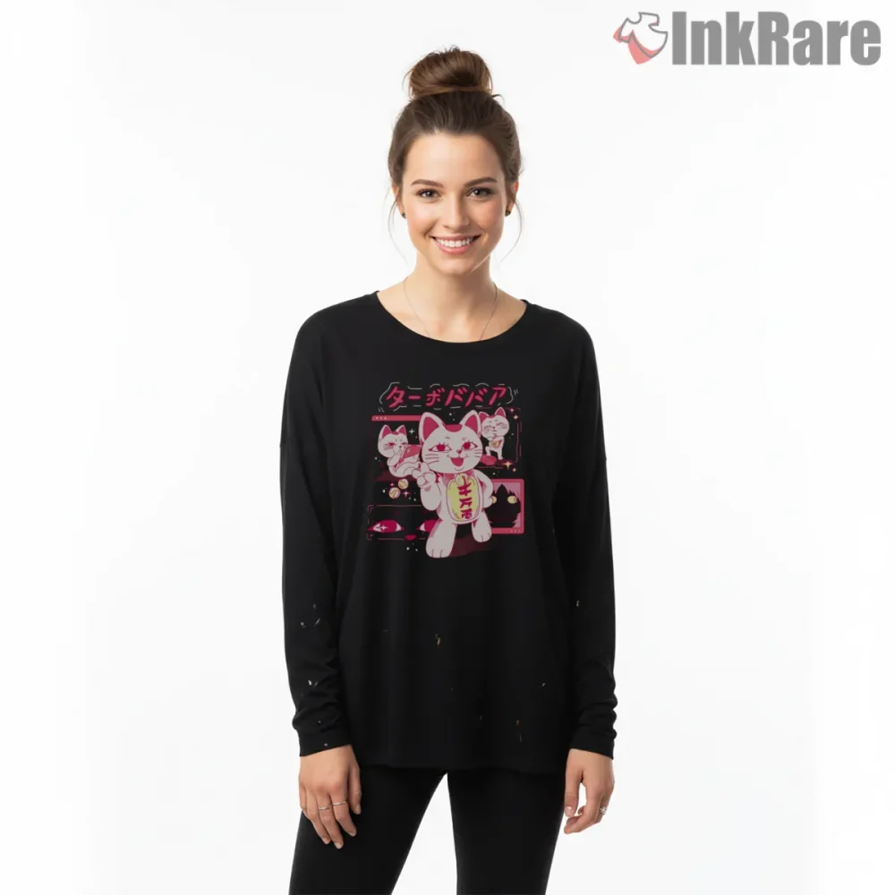 Turbo Granny Pink Neon Cat Anime Shirt on black long sleeve shirt for women graphic tee