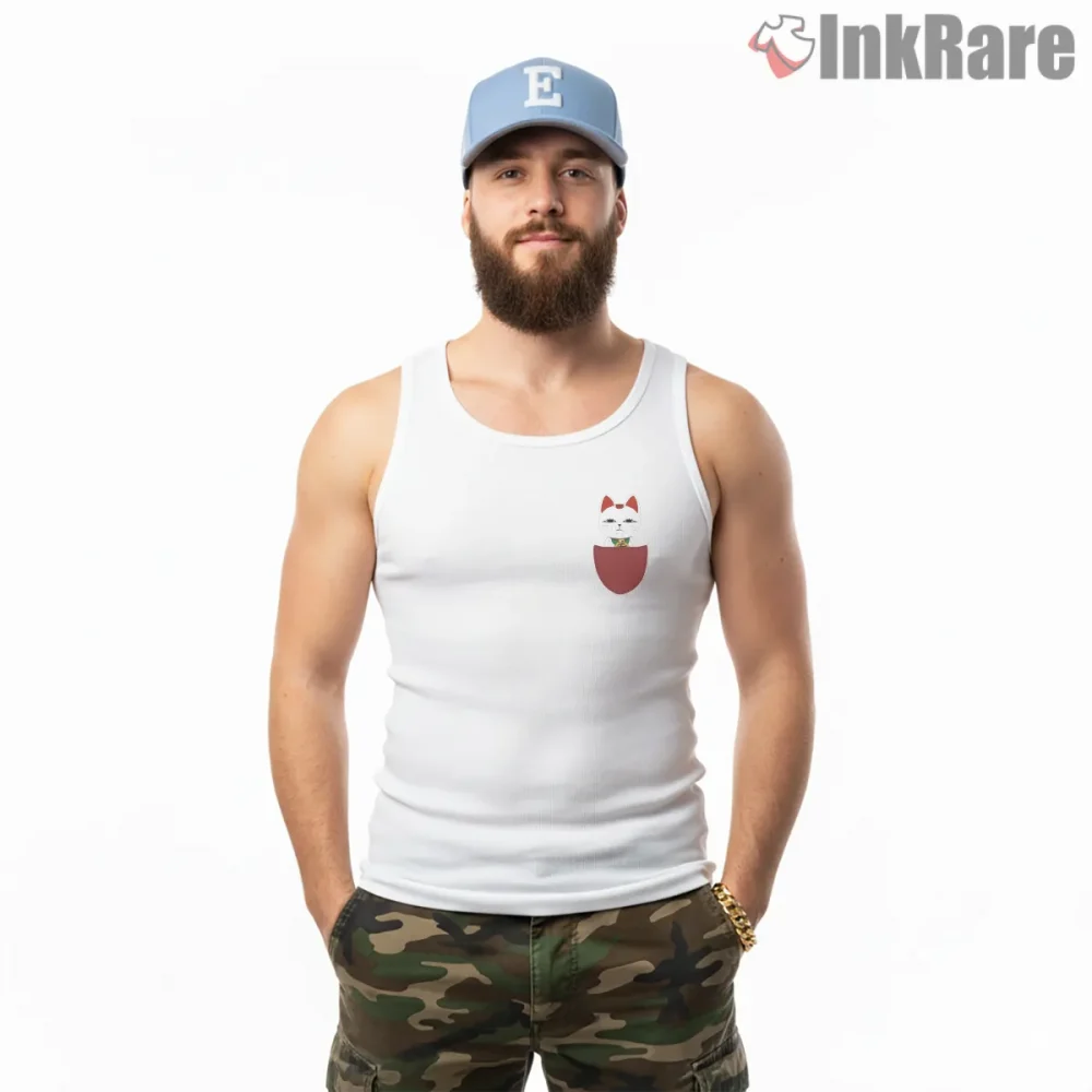Turbo Granny Pocket Cat Minimalist Anime Shirt on white tank top for men graphic tee