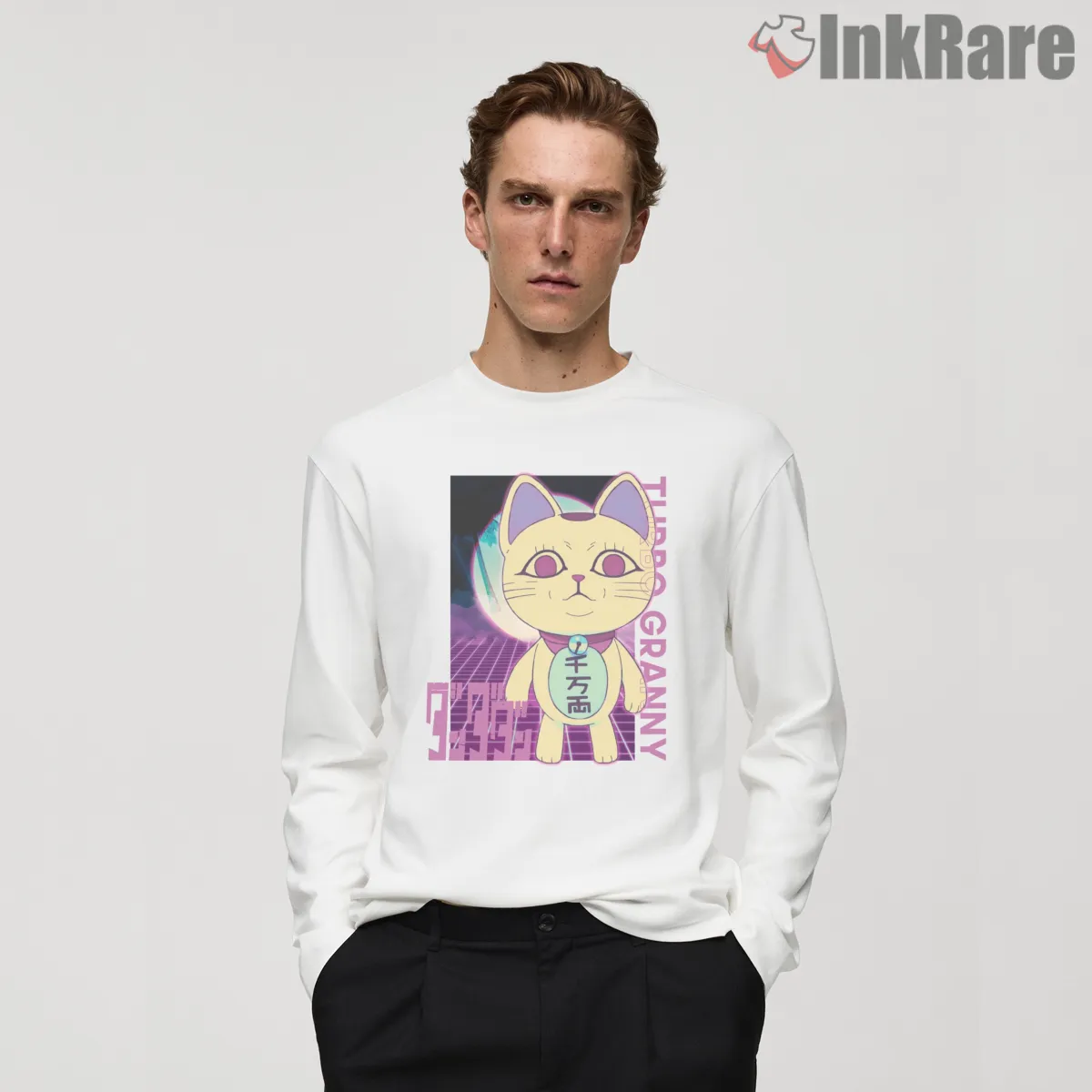 Turbo Granny Retro Wave Neon Anime Cat Long Sleeve White Turbo Granny Retro Wave Neon Anime Cat Shirt on white long sleeve shirt for men graphic tee