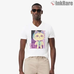 Turbo Granny Retro Wave Neon Anime Cat Shirt on white v-neck shirt for men graphic tee