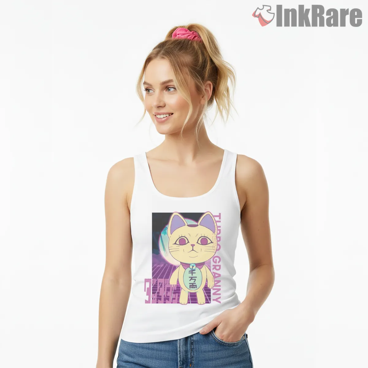 Turbo Granny Retro Wave Neon Anime Cat Tank Top White Turbo Granny Retro Wave Neon Anime Cat Shirt on white tank top for women graphic tee