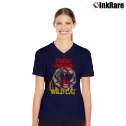 Women’s Tygers Of Pan Tang Wild Cat 1980 V-Neck Tee in navy | Chic Neckline, Soft Texture