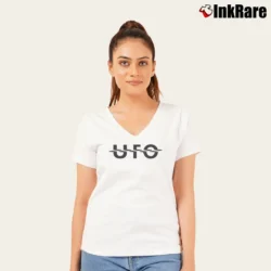 Women’s Ufo Rock Music Metal Band Logo V-Neck Tee in white | Chic Neckline, Soft Texture