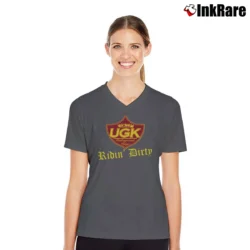 Women’s UGK Hip Hop Duo Logo Southern Rap V-Neck Tee in charcoal | Chic Neckline, Soft Texture