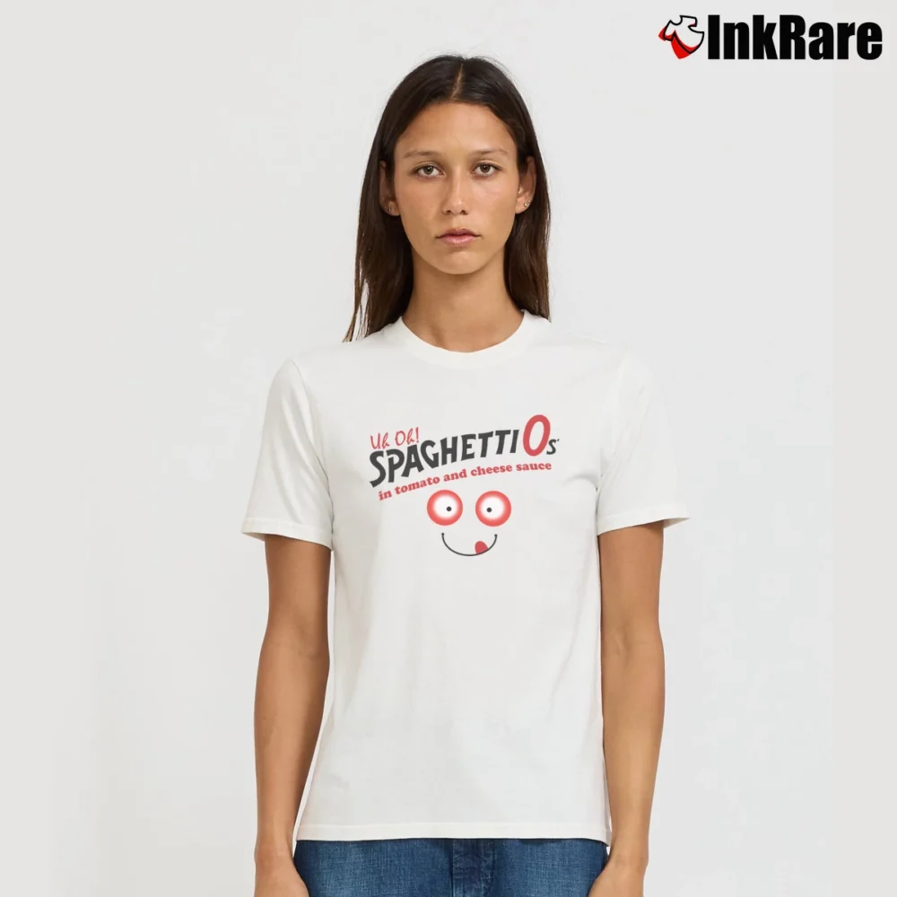 Women’s Uh Oh Spaghettios Funny Food Graphic Signature T-Shirt in white | Soft, Flattering Fit