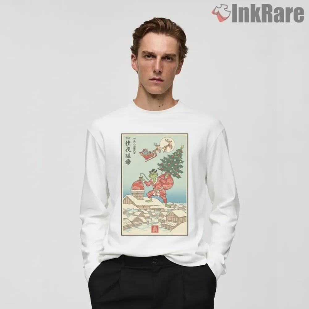 Ukiyoe Holiday Villain Grinch Parody Art Shirt on white long sleeve shirt for men graphic tee