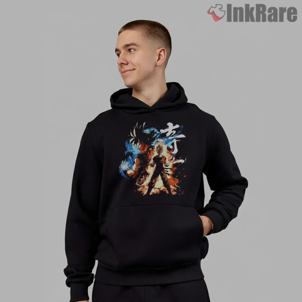 Ultra Instinct Goku Dual Flame Aura Shirt on black hoodie for men graphic tee