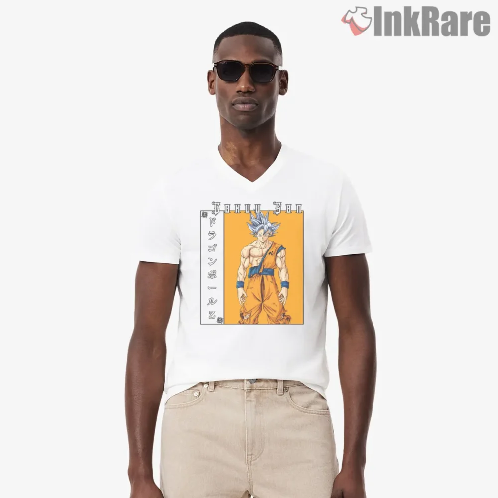 Ultra Instinct Goku Martial Warrior Poster Shirt on white v-neck shirt for men graphic tee