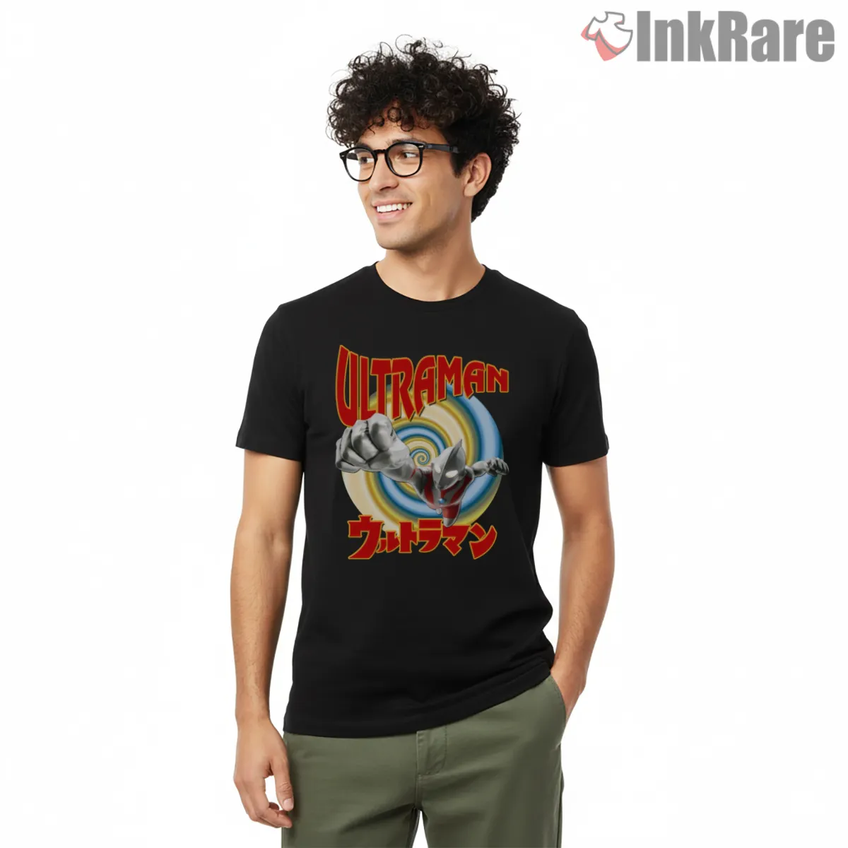 Ultraman 1966 Retro Spiral Flight Short Sleeve Black Ultraman 1966 Retro Spiral Flight Shirt on black short sleeve shirt for men graphic tee
