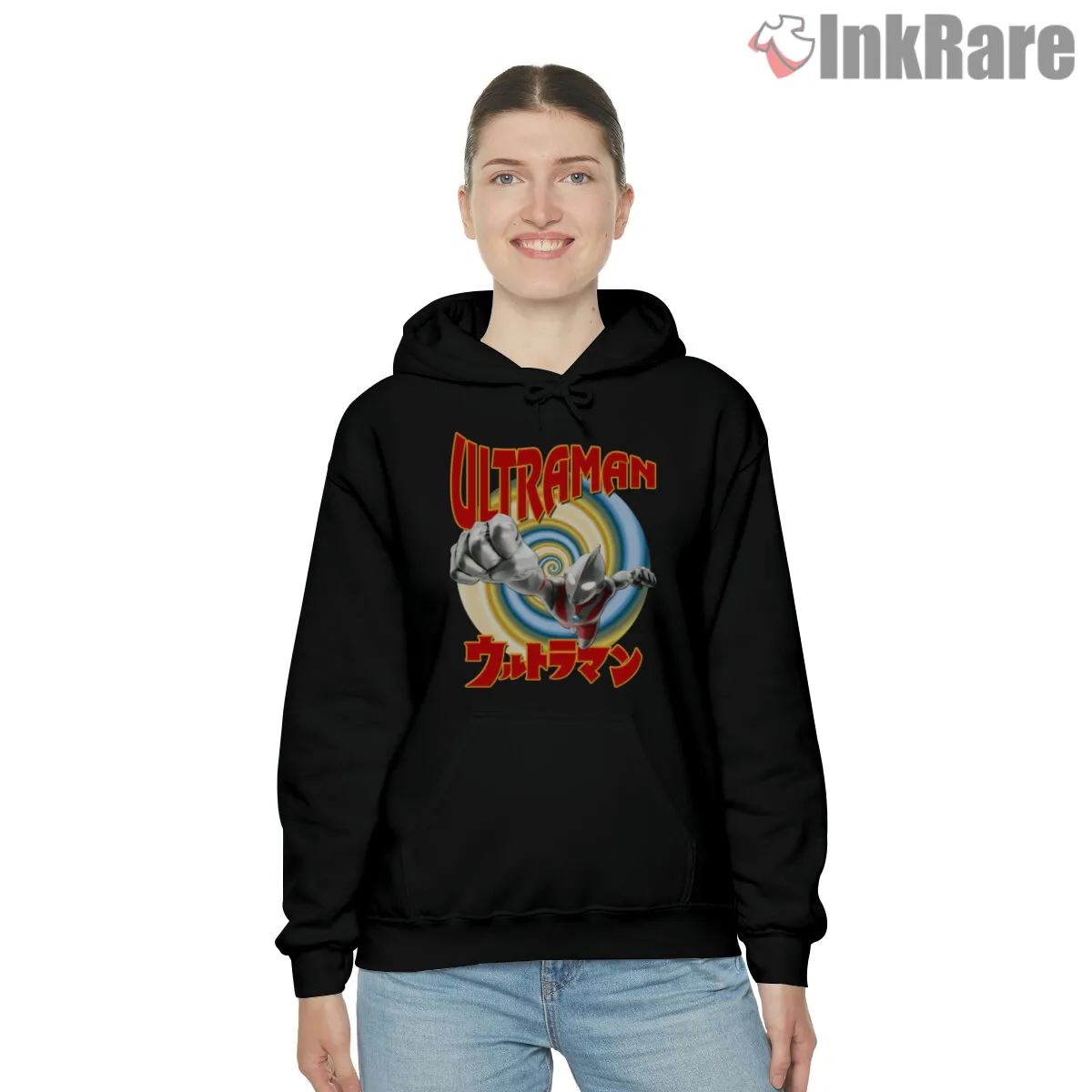 Ultraman 1966 Retro Spiral Flight Hoodie Black Ultraman 1966 Retro Spiral Flight Shirt on black hoodie for women graphic tee
