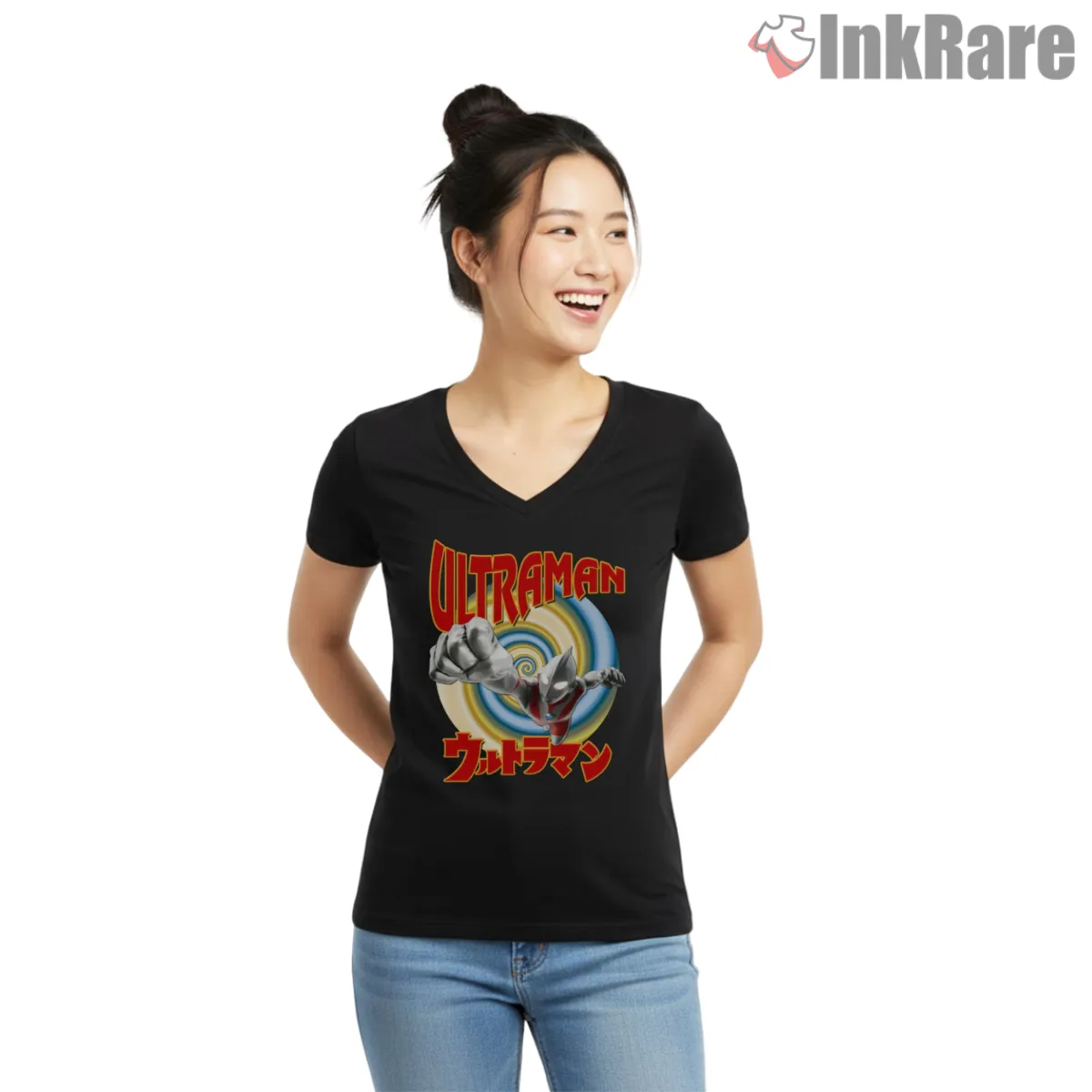 Ultraman 1966 Retro Spiral Flight V Neck Black Ultraman 1966 Retro Spiral Flight Shirt on black v-neck shirt for women graphic tee