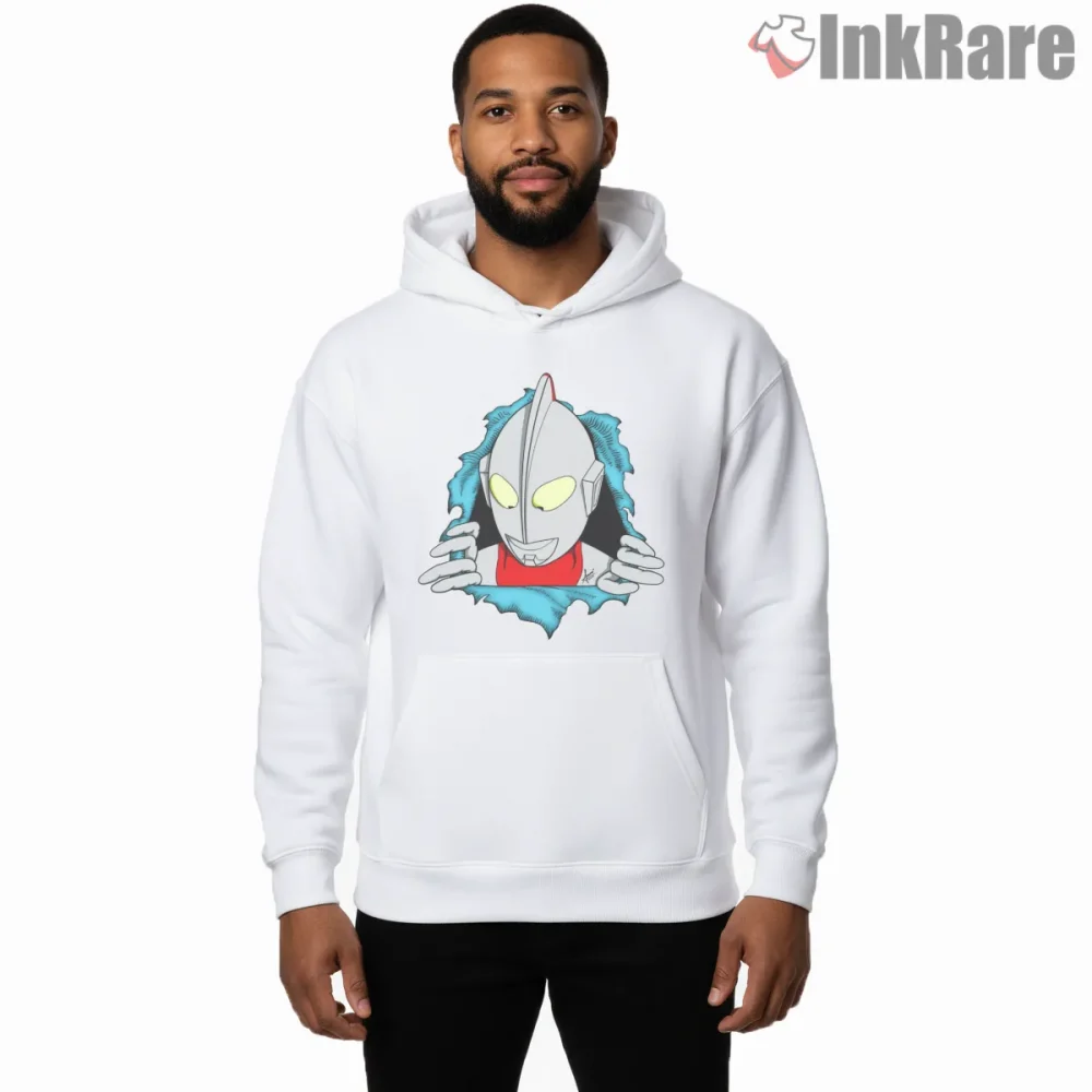 Ultraman Breaking Through Wall Hero Shirt on white hoodie for men graphic tee
