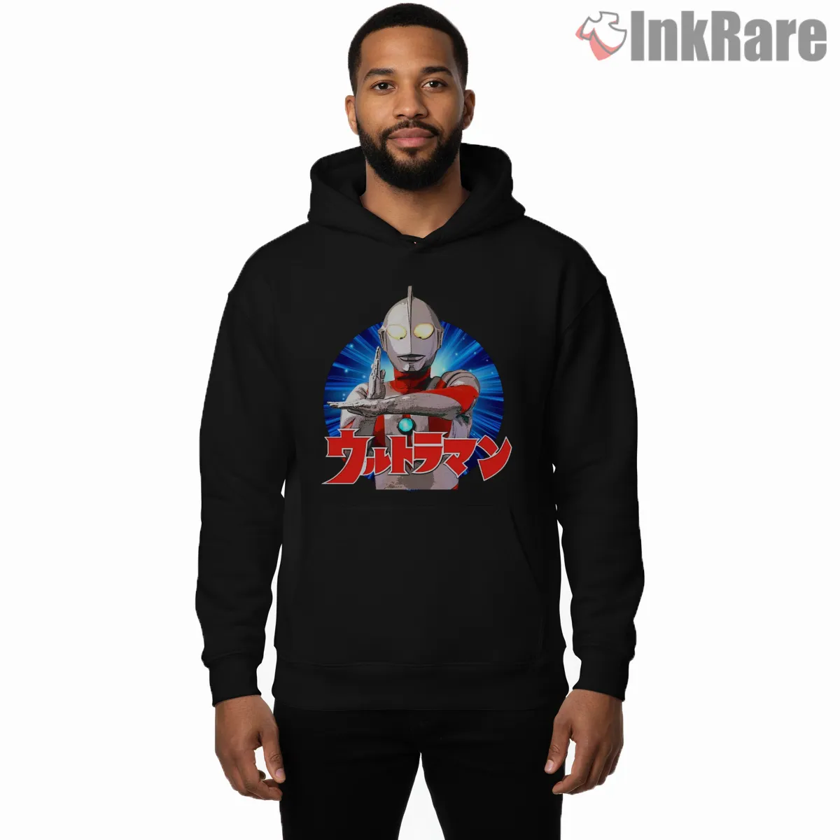 Ultraman Classic Beam Attack Portrait Shirt on black hoodie for men graphic tee