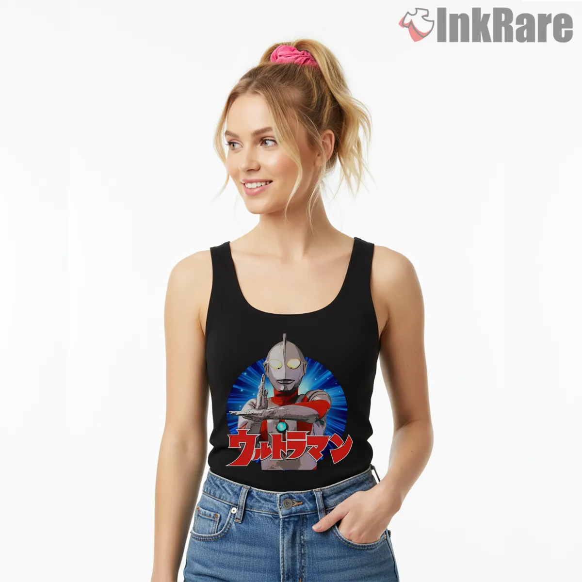 Ultraman Classic Beam Attack Portrait Tank Top Black Ultraman Classic Beam Attack Portrait Shirt on black tank top for women graphic tee