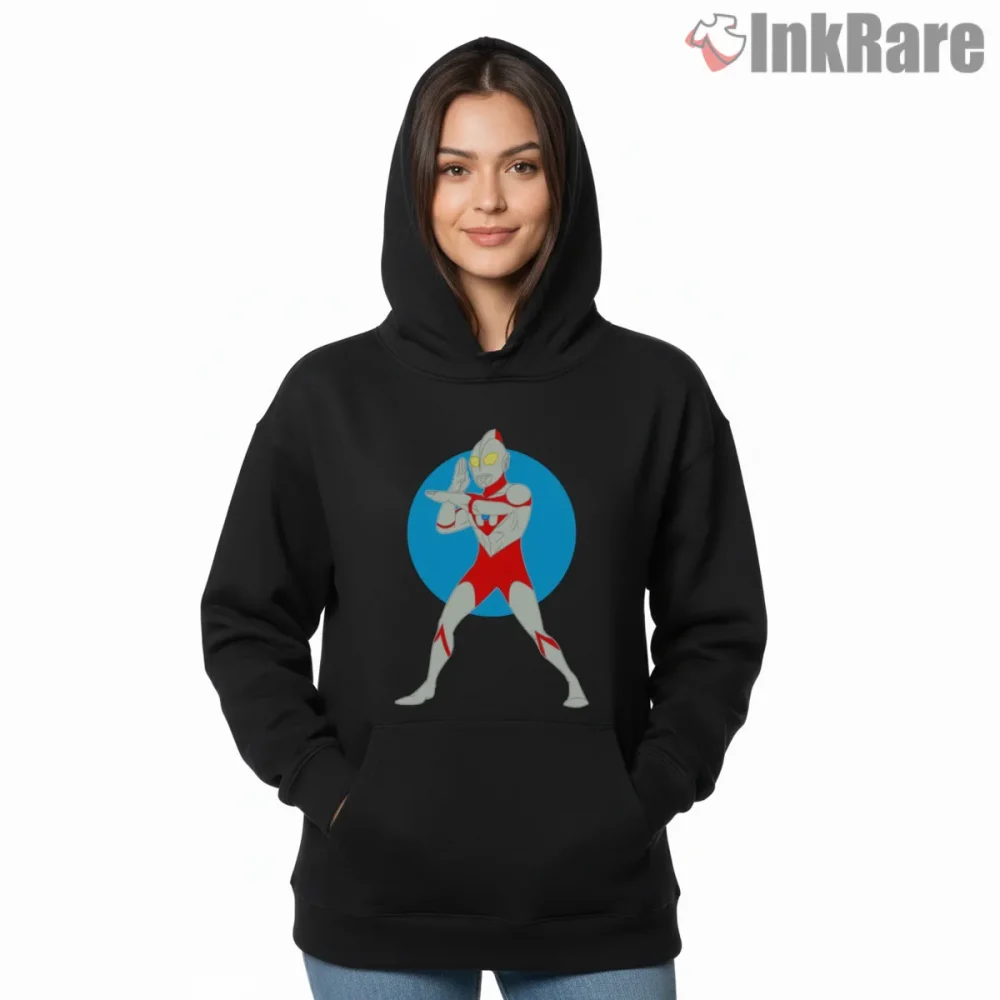 Ultraman Classic Cross Beam Hero Pose Shirt on black hoodie for women graphic tee