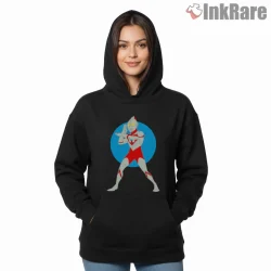 Ultraman Classic Cross Beam Hero Pose Shirt on black hoodie for women graphic tee