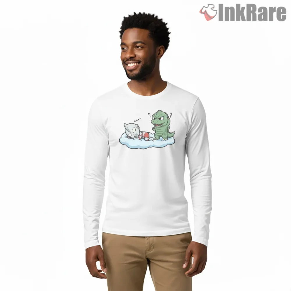 Ultraman Cloud Nap With Baby Kaiju Shirt on white long sleeve shirt for men graphic tee