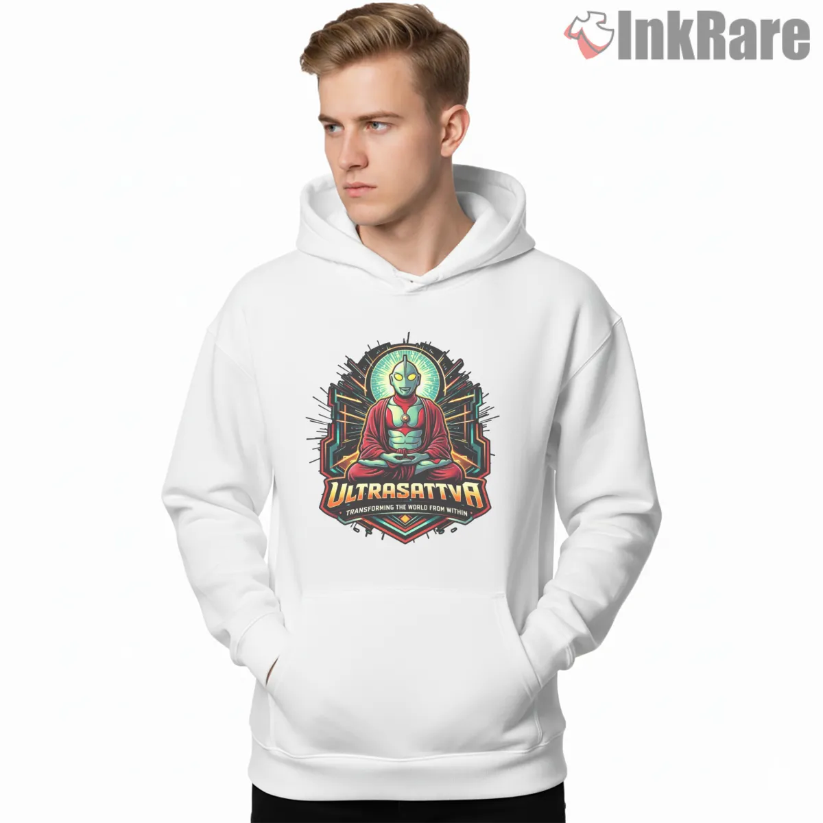 Ultraman Cosmic Meditation Guardian Hoodie White Ultraman Cosmic Meditation Guardian Shirt on white hoodie for men graphic tee