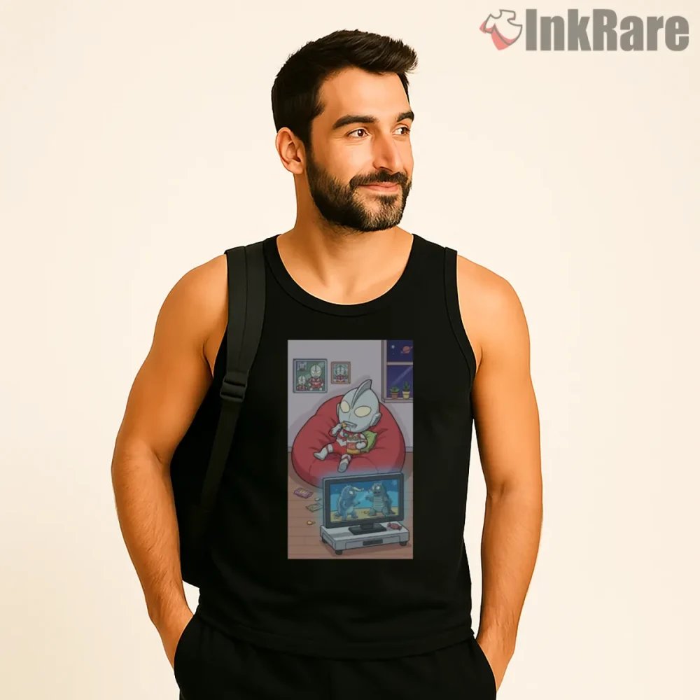 Ultraman Cozy Kaiju Movie Night Cartoon Shirt on black tank top for men graphic tee