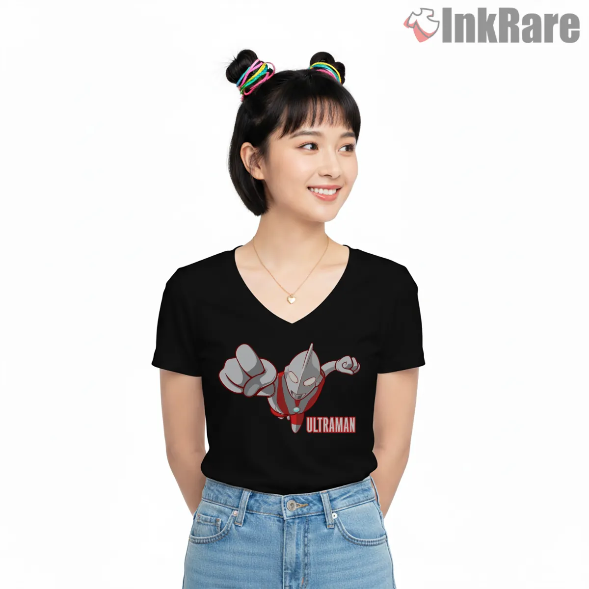 Ultraman Dynamic Flying Punch Hero Shirt on black v-neck shirt for women graphic tee